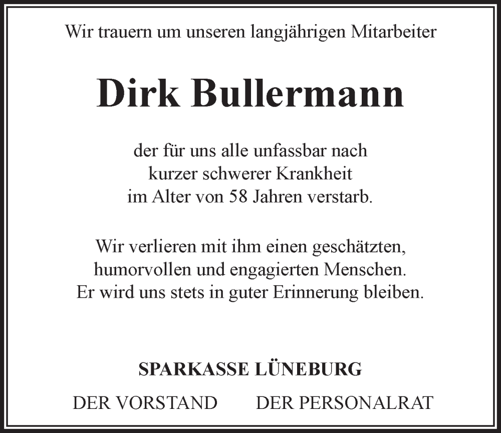  Traueranzeige für Dirk Bullermann vom 07.12.2024 aus LZ