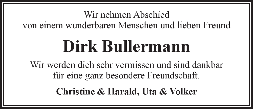  Traueranzeige für Dirk Bullermann vom 07.12.2024 aus LZ