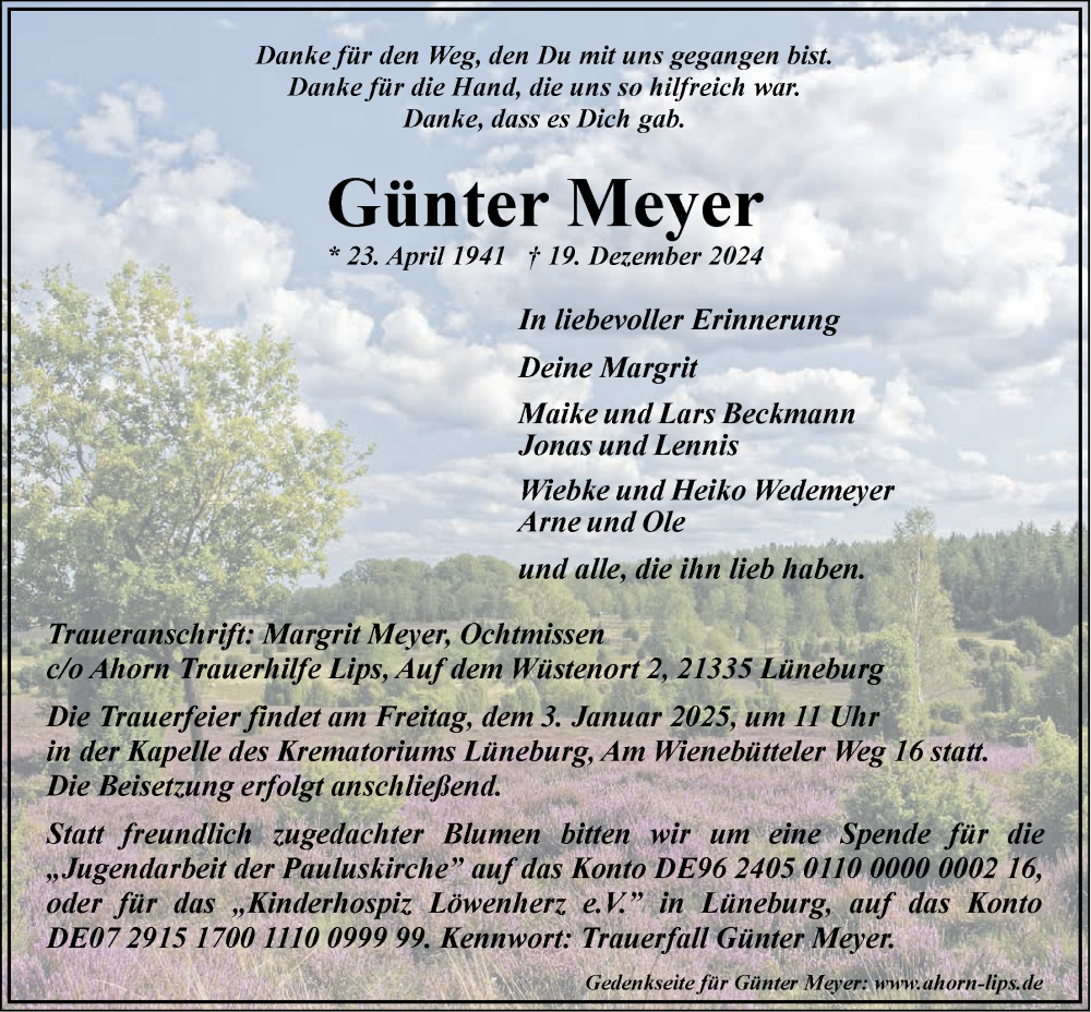  Traueranzeige für Günter Meyer vom 28.12.2024 aus LZ