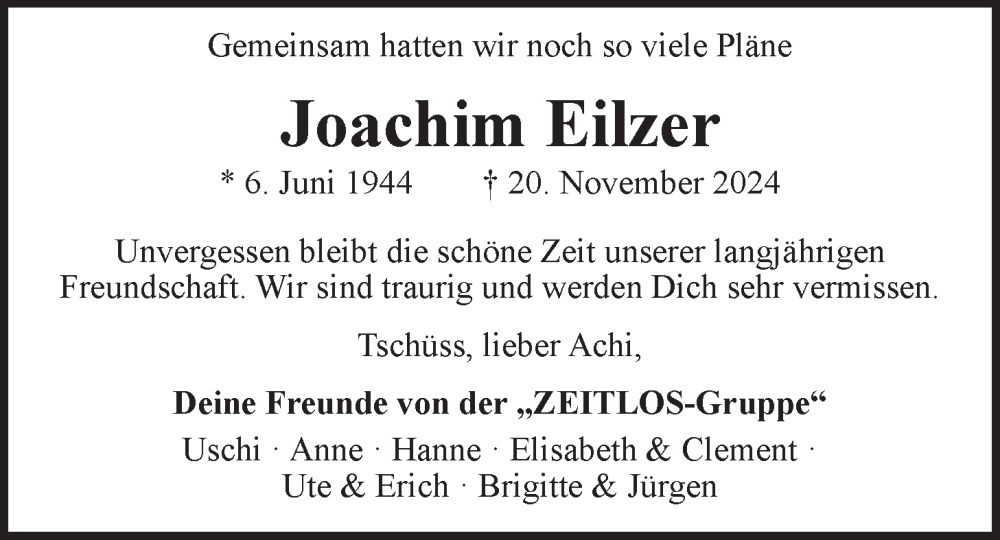  Traueranzeige für Joachim Eilzer vom 30.11.2024 aus LZ