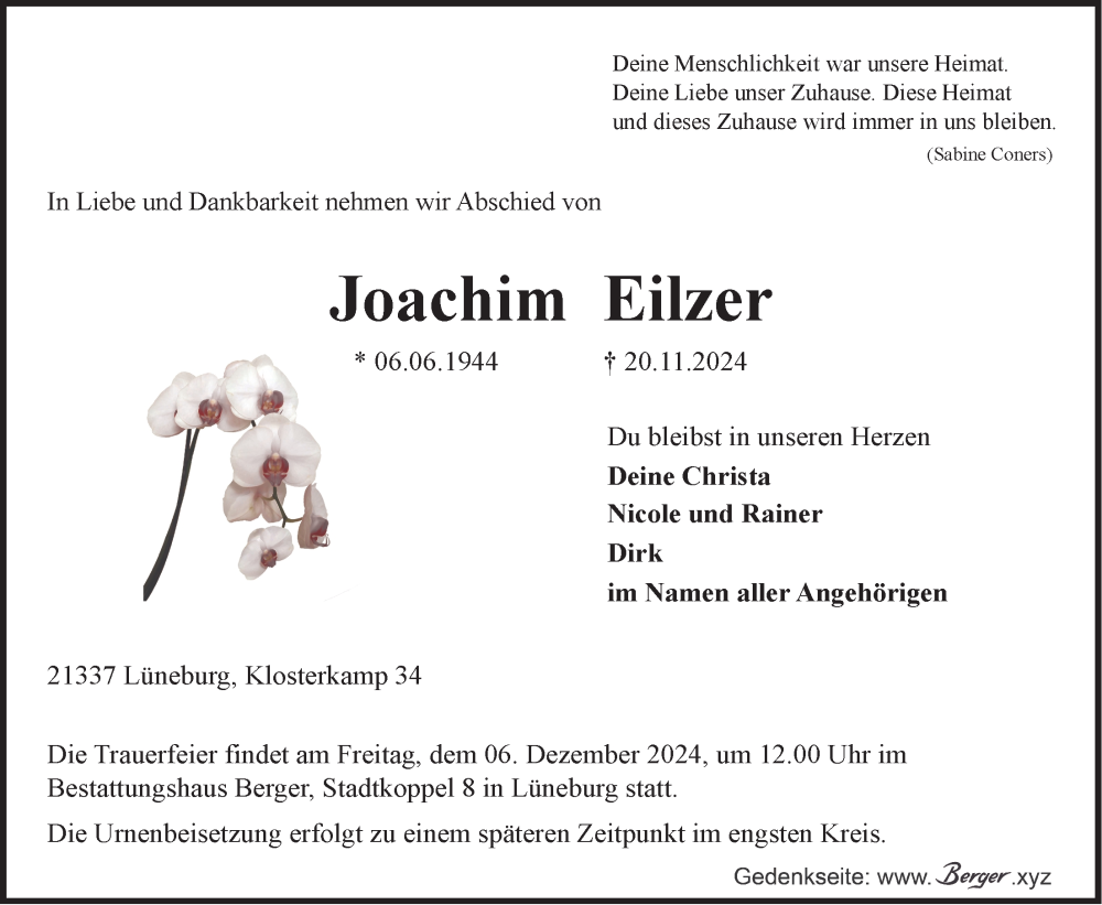  Traueranzeige für Joachim Eilzer vom 30.11.2024 aus LZ