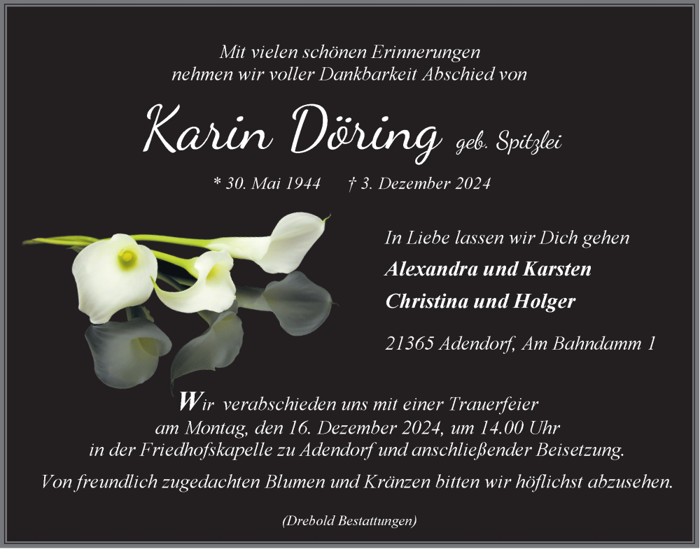  Traueranzeige für Karin Döring vom 11.12.2024 aus LZ