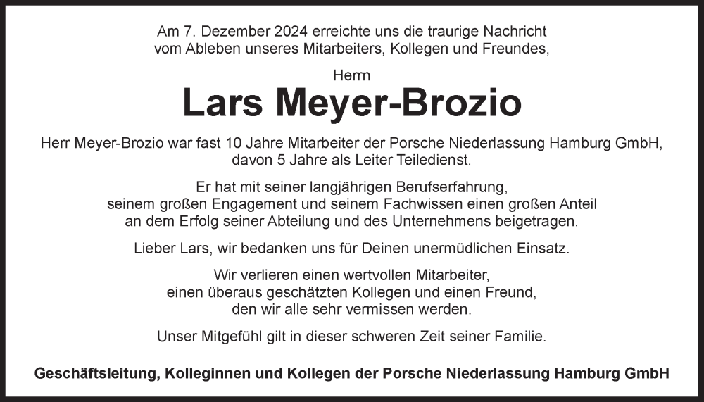  Traueranzeige für Lars Meyer-Brozio vom 28.12.2024 aus LZ