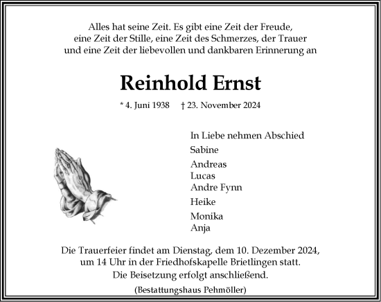 Anzeige von Reinhold Ernst von LZ