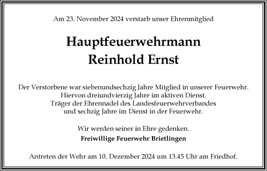 Anzeige von Reinhold Ernst von LZ