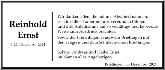 Anzeige von Reinhold Ernst von LZ