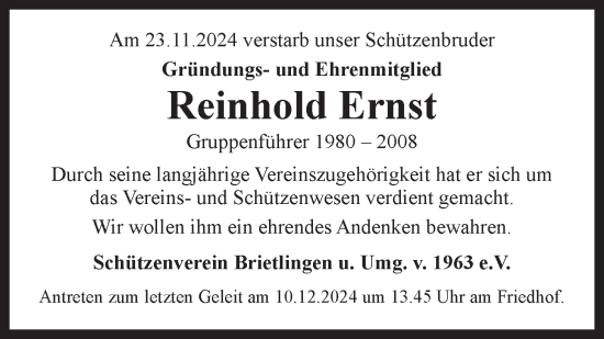 Anzeige von Reinhold Ernst von LZ