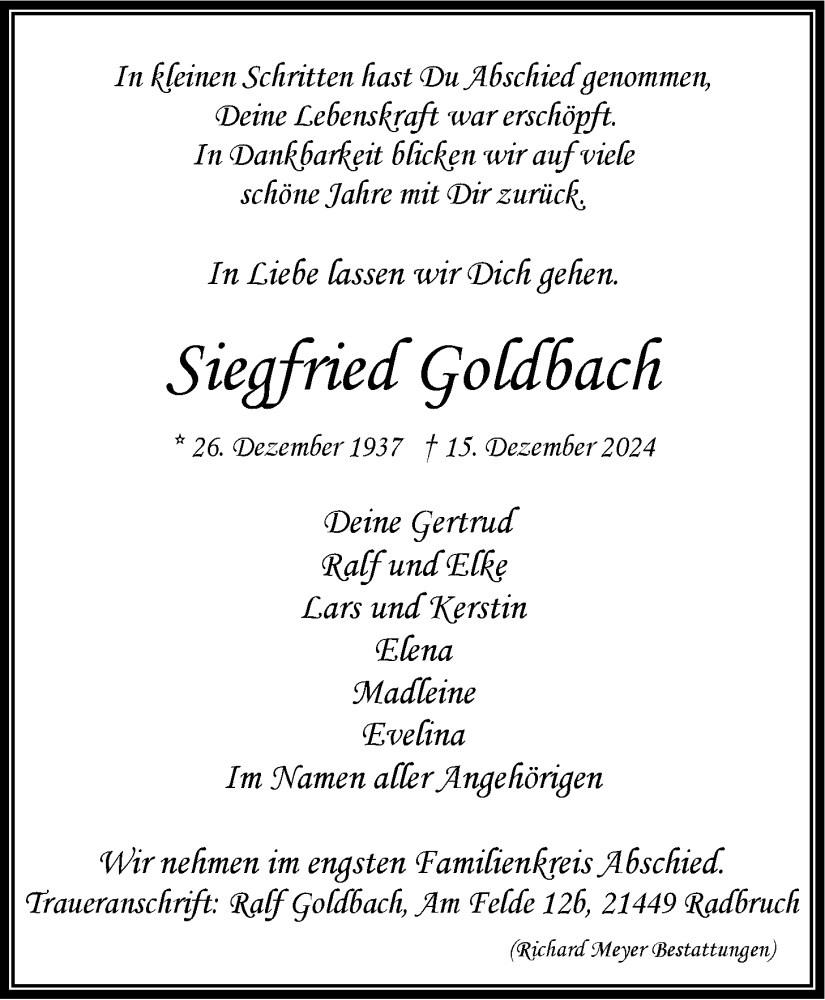  Traueranzeige für Siegfried Goldbach vom 21.12.2024 aus LZ