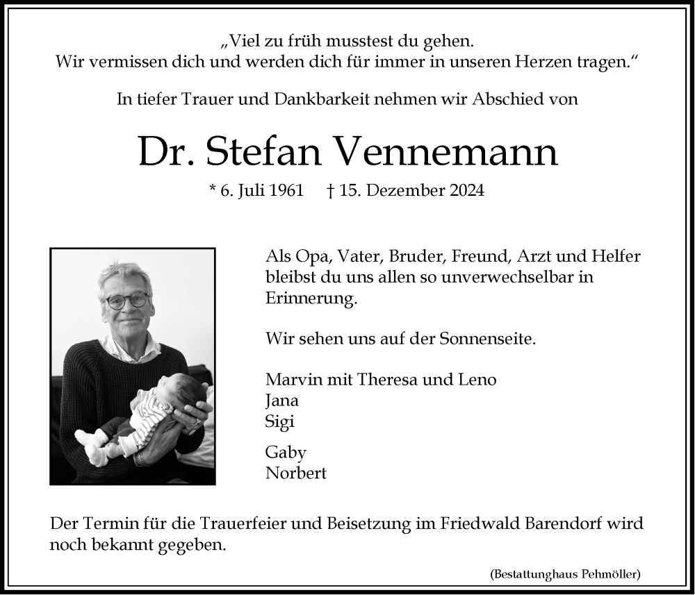  Traueranzeige für Stefan Vennemann vom 21.12.2024 aus LZ