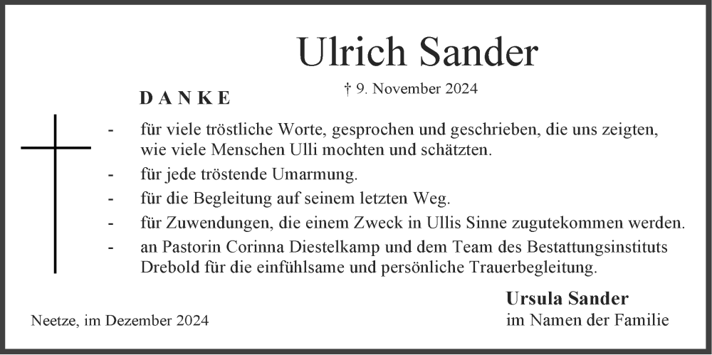  Traueranzeige für Ulrich Sander vom 14.12.2024 aus LZ