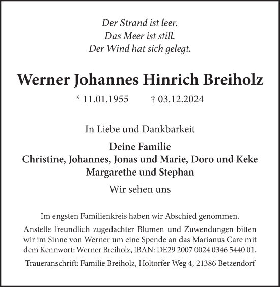 Anzeige von Werner Johannes Hinrich Breiholz von LZ