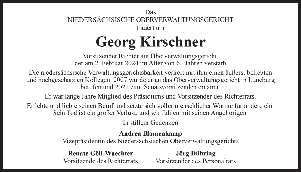  Traueranzeige für Georg Kirschner vom 10.02.2024 aus LZ