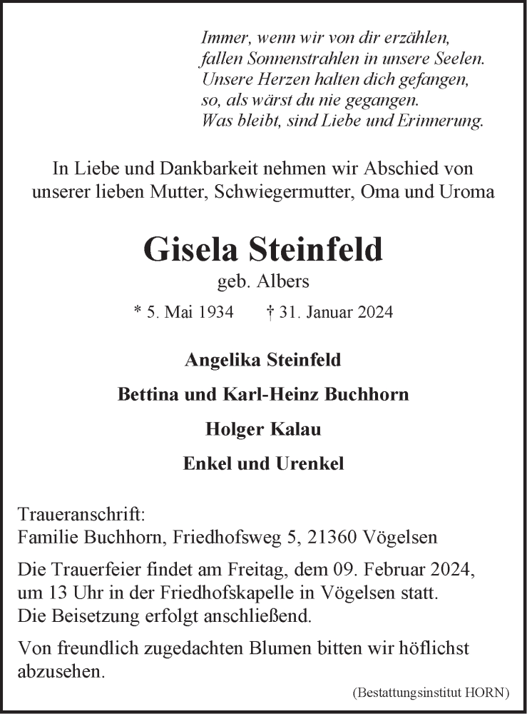  Traueranzeige für Gisela Steinfeld vom 03.02.2024 aus LZ