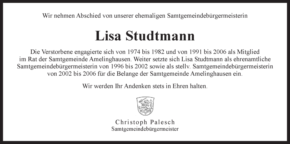  Traueranzeige für Lisa Studtmann vom 28.02.2024 aus LZ