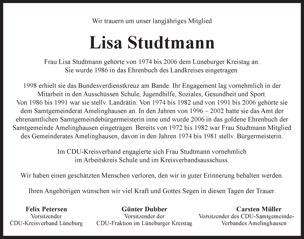  Traueranzeige für Lisa Studtmann vom 28.02.2024 aus LZ