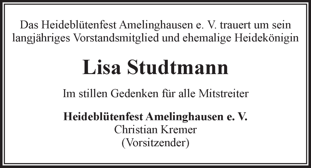  Traueranzeige für Lisa Studtmann vom 28.02.2024 aus LZ
