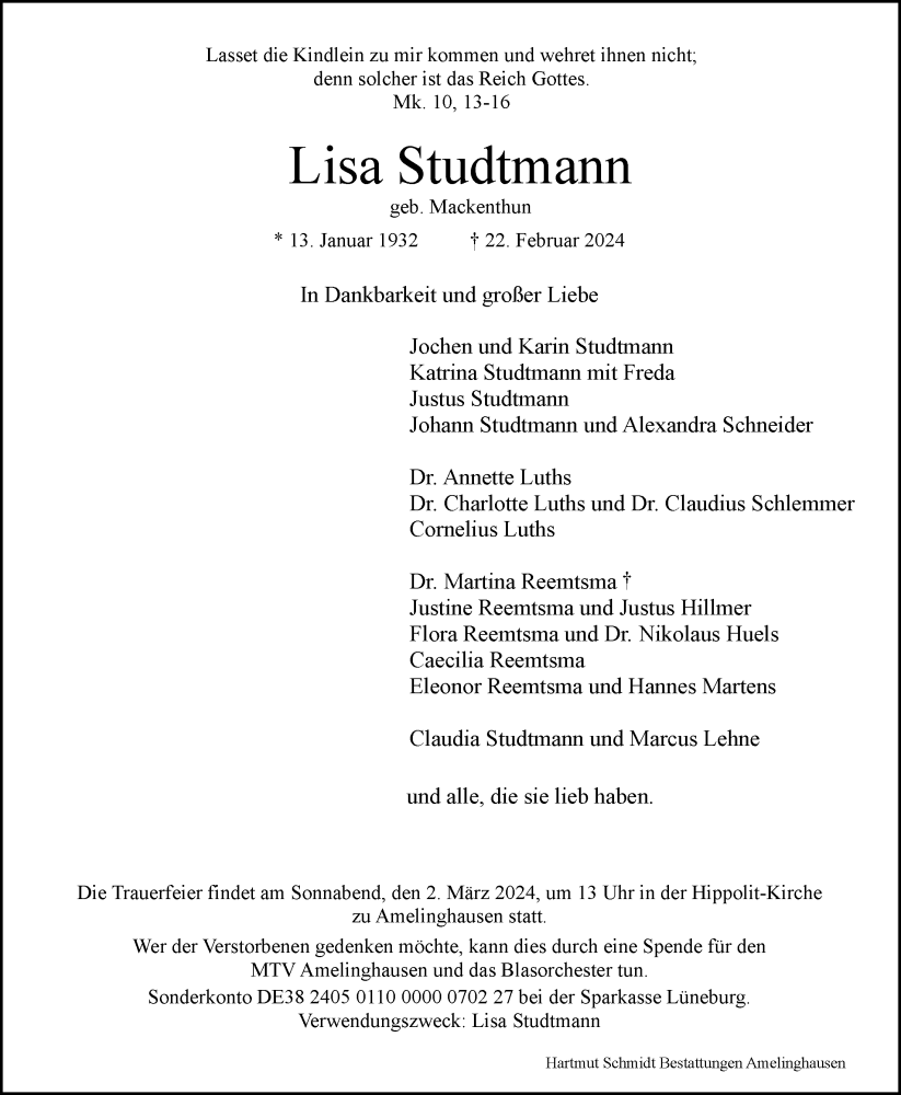  Traueranzeige für Lisa Studtmann vom 28.02.2024 aus LZ
