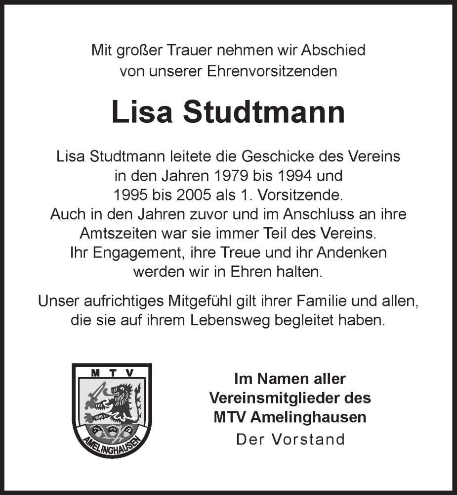  Traueranzeige für Lisa Studtmann vom 28.02.2024 aus LZ