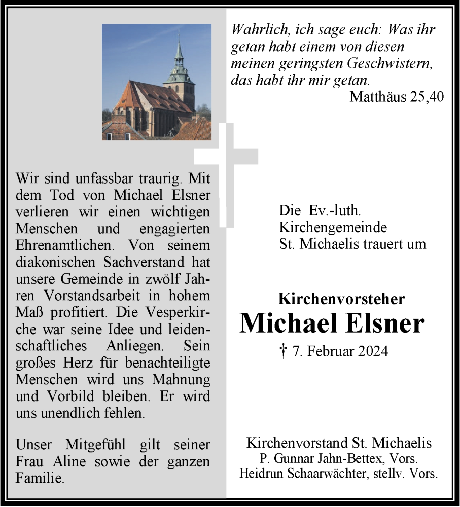  Traueranzeige für Michael Elsner vom 14.02.2024 aus LZ