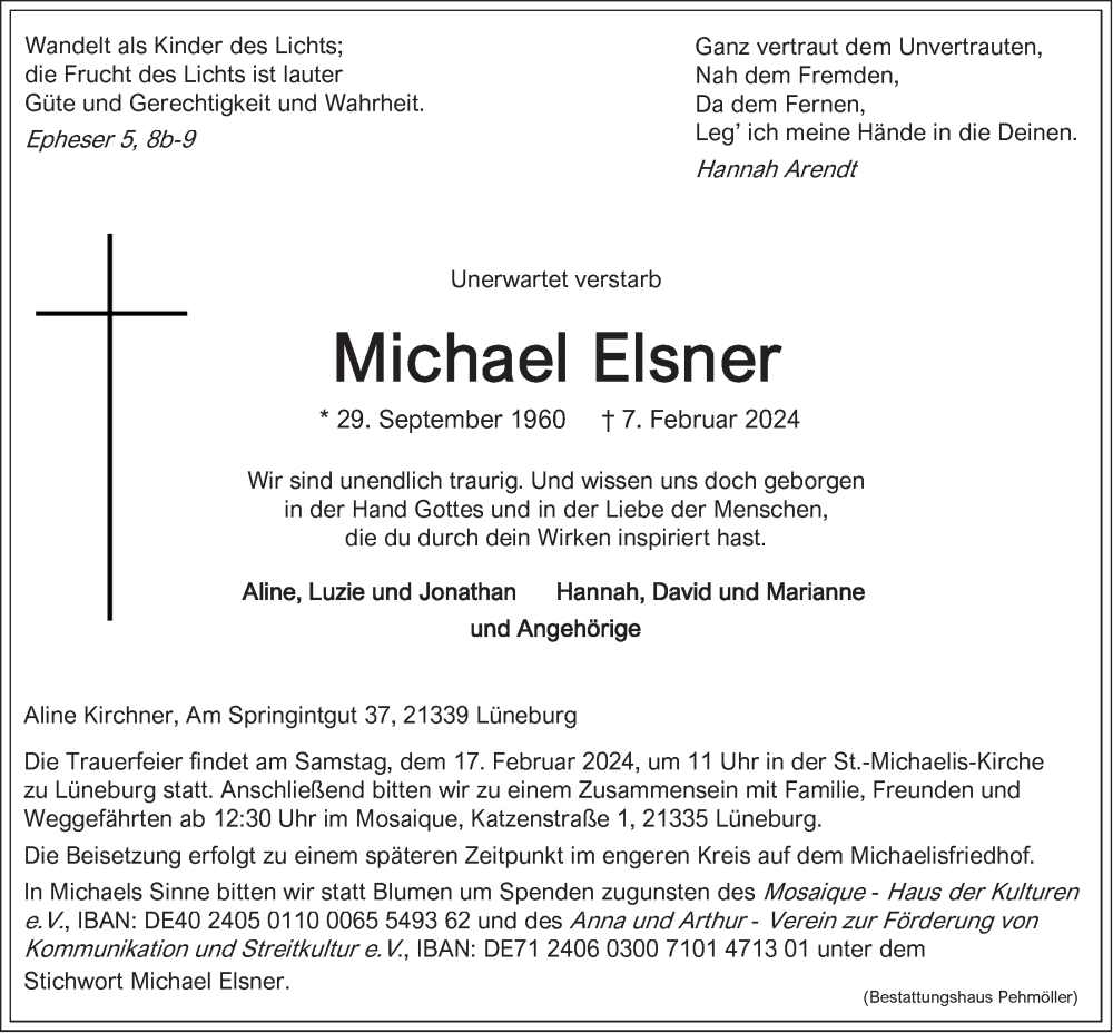  Traueranzeige für Michael Elsner vom 14.02.2024 aus LZ