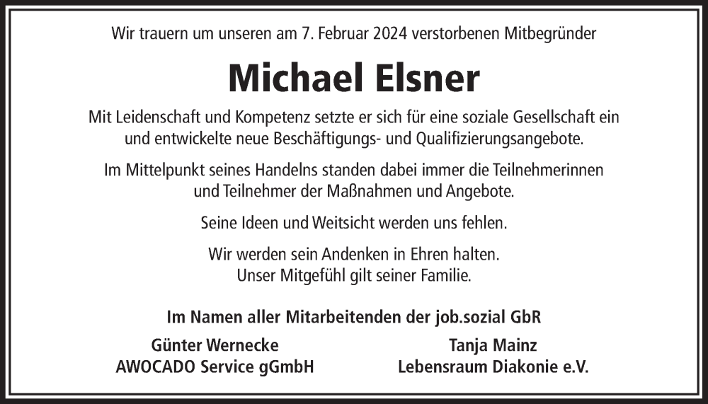  Traueranzeige für Michael Elsner vom 14.02.2024 aus LZ
