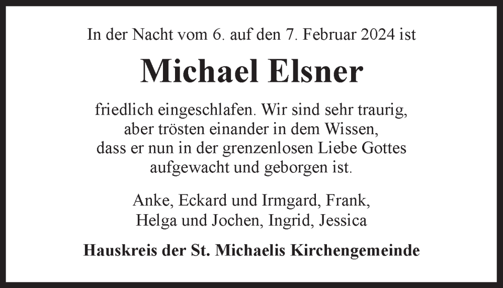  Traueranzeige für Michael Elsner vom 14.02.2024 aus LZ