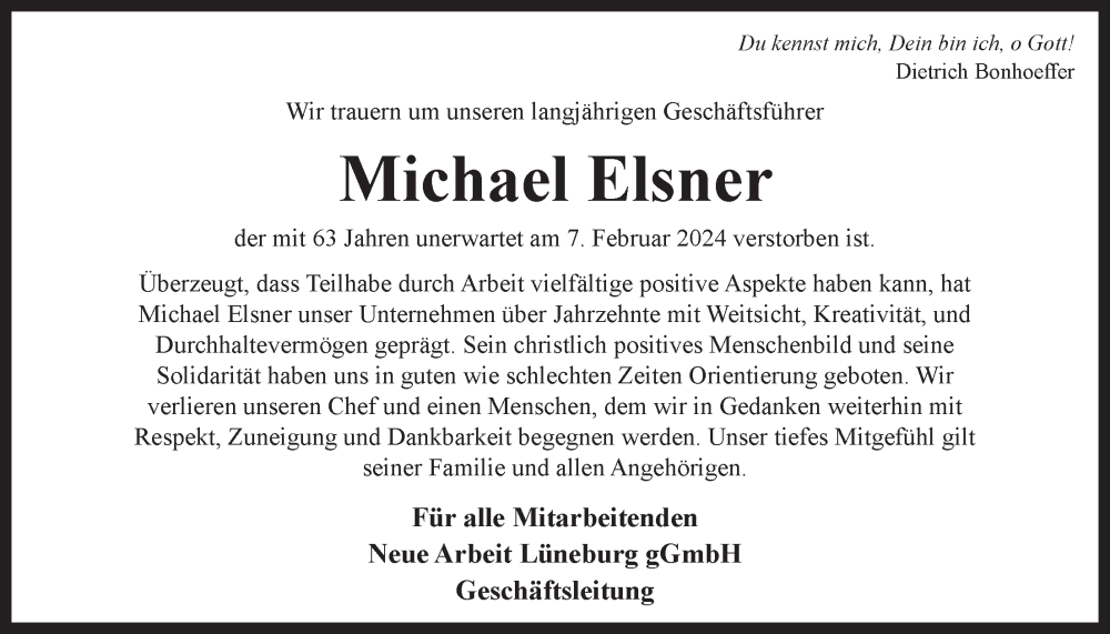  Traueranzeige für Michael Elsner vom 14.02.2024 aus LZ