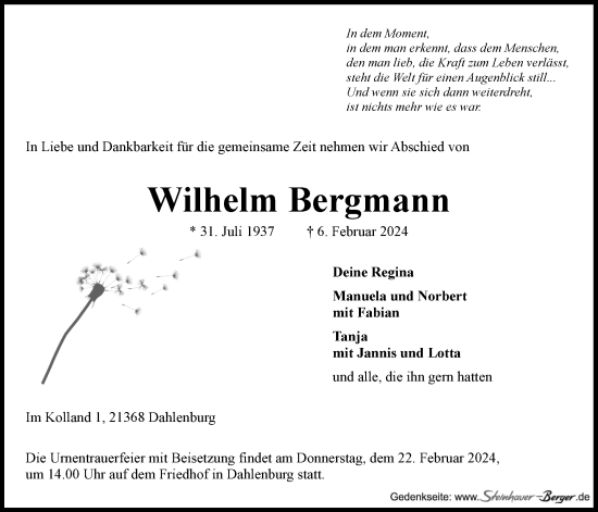 Anzeige von Wilhelm Bergmann von LZ