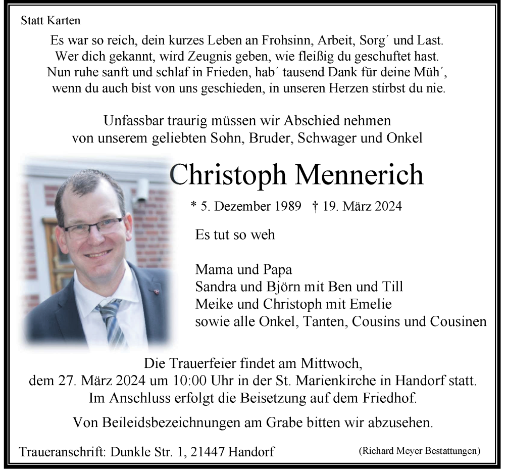  Traueranzeige für Christoph Mennerich vom 23.03.2024 aus LZ