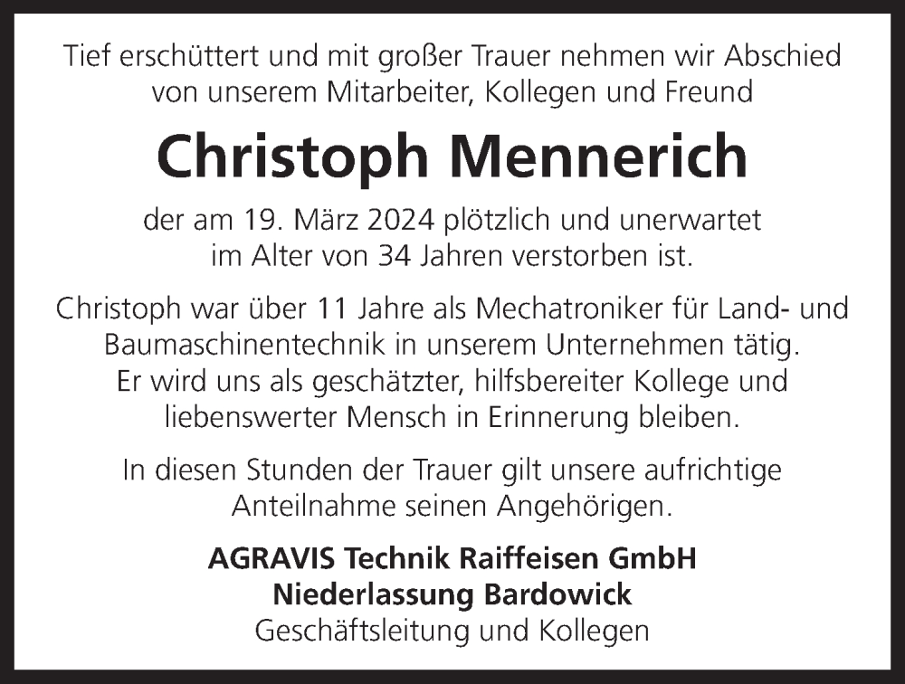  Traueranzeige für Christoph Mennerich vom 23.03.2024 aus LZ