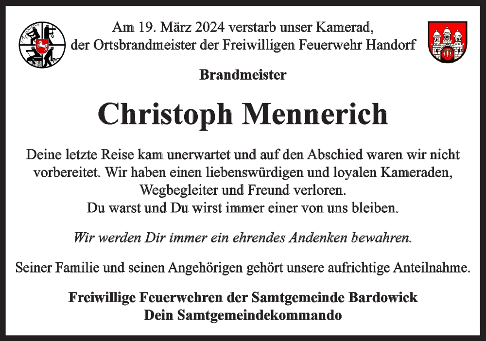  Traueranzeige für Christoph Mennerich vom 23.03.2024 aus LZ