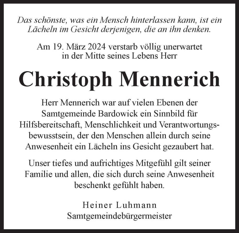  Traueranzeige für Christoph Mennerich vom 23.03.2024 aus LZ