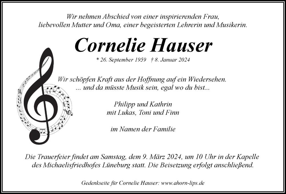  Traueranzeige für Cornelie Hauser vom 08.03.2024 aus LZ