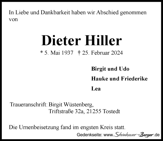 Anzeige von Dieter Hiller von LZ