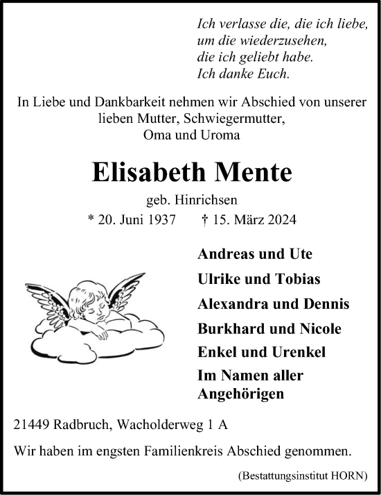 Anzeige von Elisabeth Mente von LZ