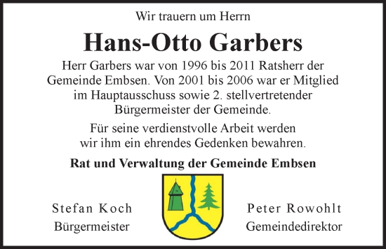 Anzeige von Hans-Otto Garbers von LZ