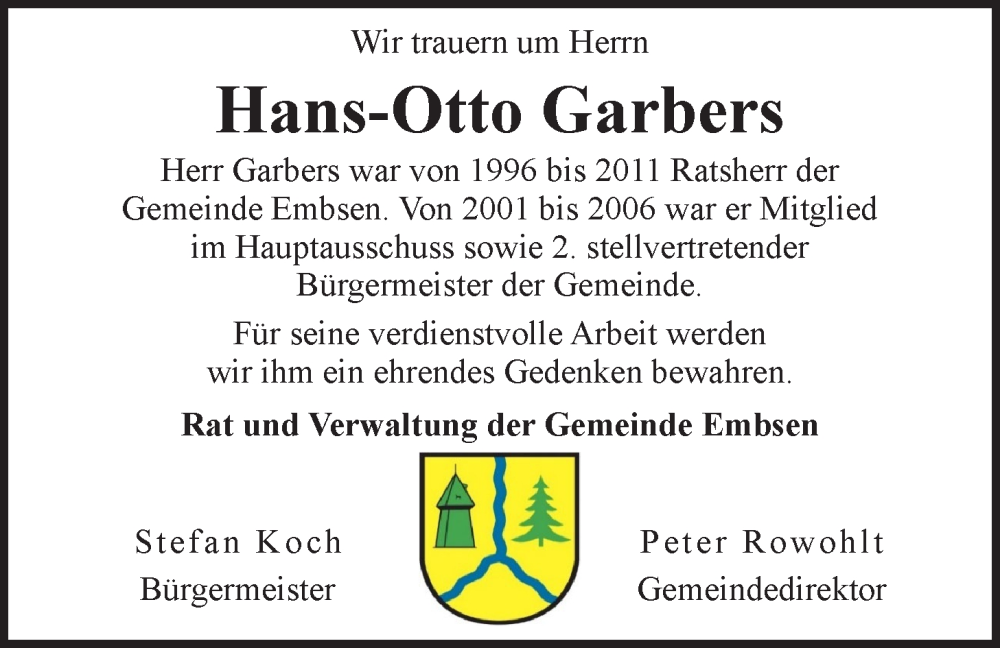  Traueranzeige für Hans-Otto Garbers vom 23.03.2024 aus LZ
