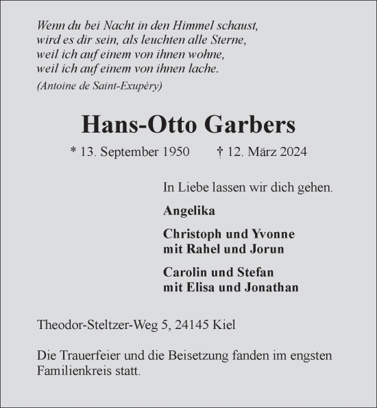 Anzeige von Hans-Otto Garbers von LZ