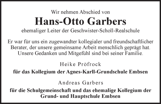 Anzeige von Hans-Otto Garbers von LZ