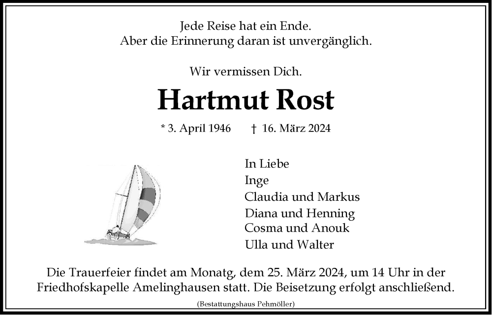  Traueranzeige für Hartmut Rost vom 21.03.2024 aus LZ