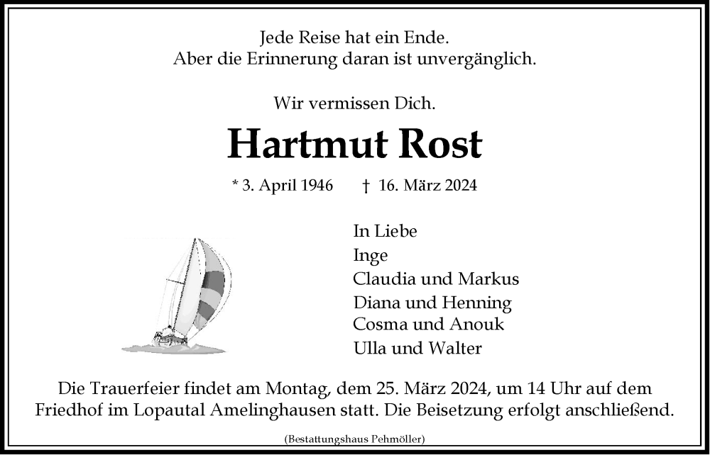  Traueranzeige für Hartmut Rost vom 22.03.2024 aus LZ