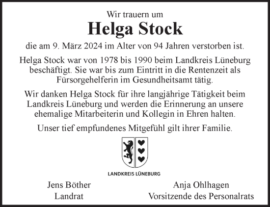 Anzeige von Helga Stock von LZ