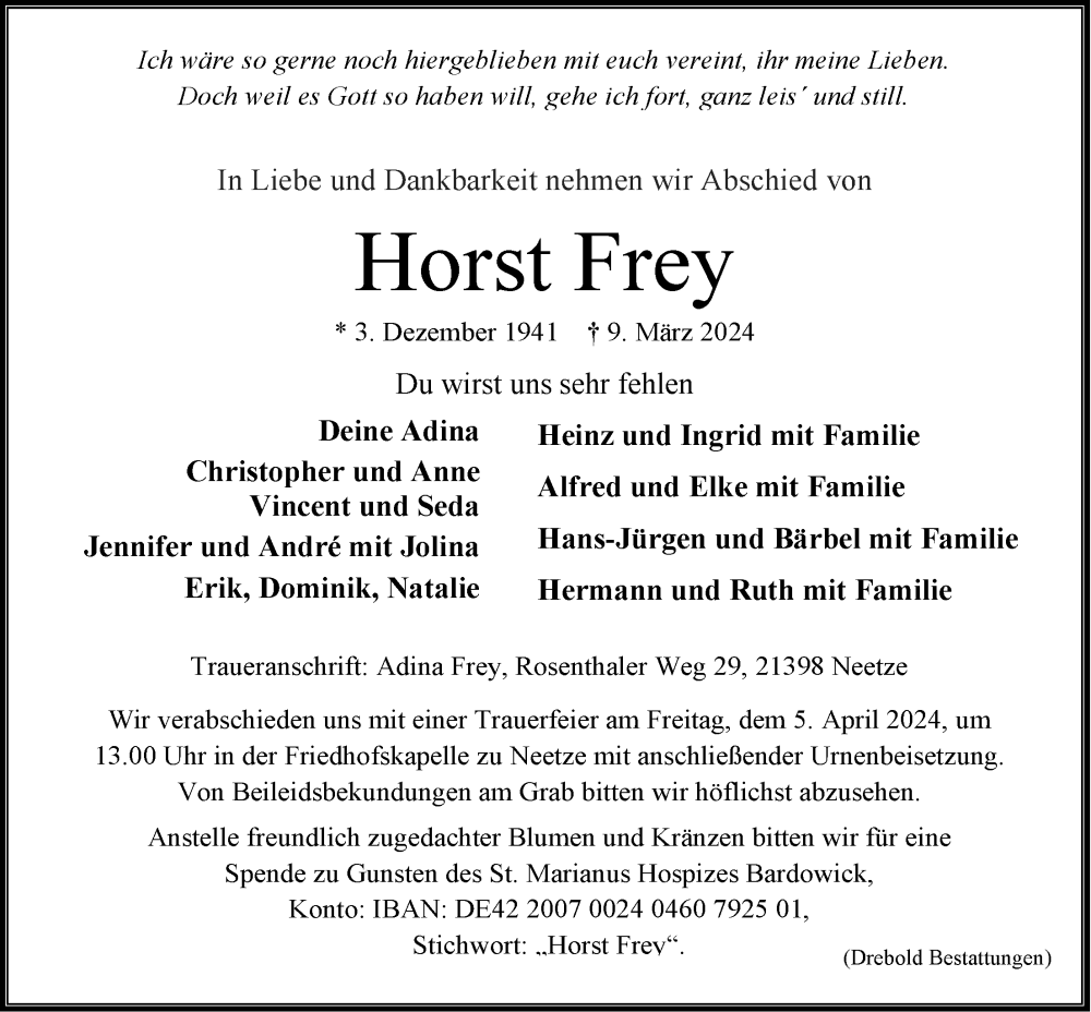  Traueranzeige für Horst Frey vom 30.03.2024 aus LZ