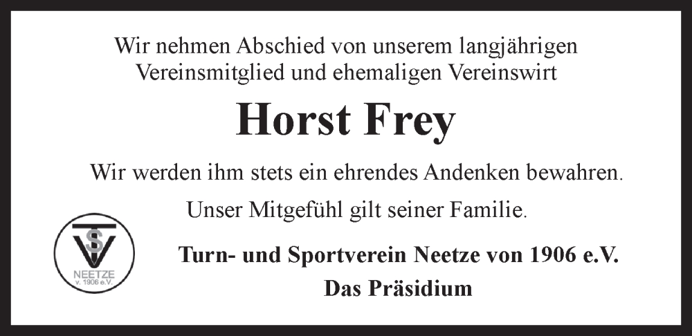  Traueranzeige für Horst Frey vom 30.03.2024 aus LZ