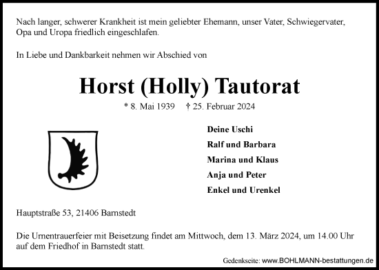 Anzeige von Horst Tautorat von LZ