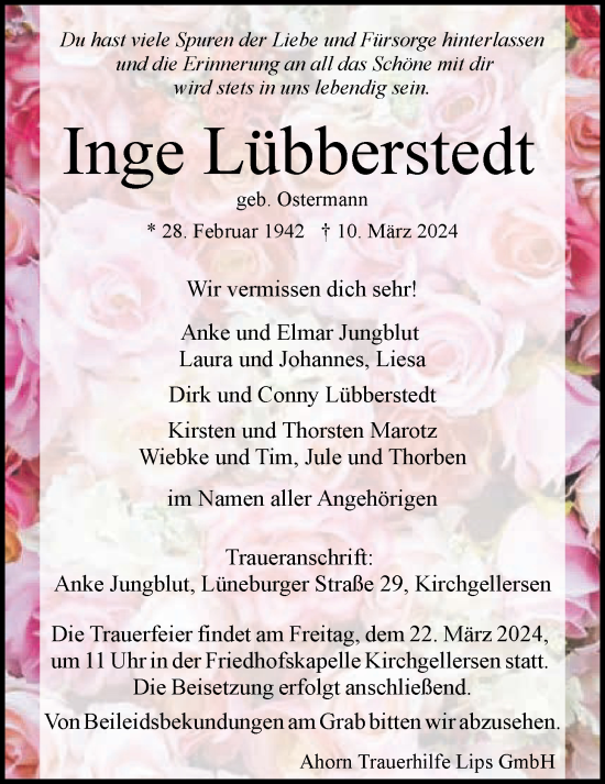 Anzeige von Inge Lübberstedt von LZ