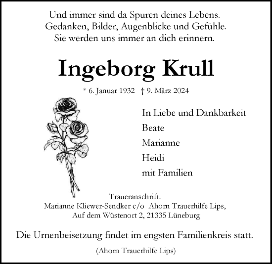 Anzeige von Ingeborg Krull von LZ