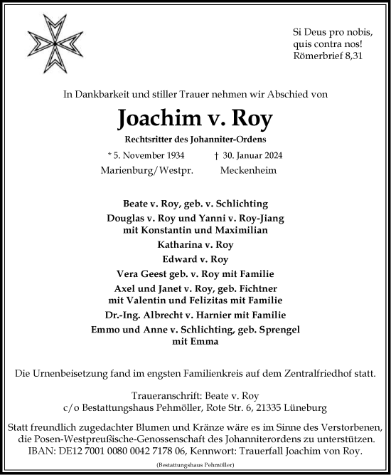 Anzeige von Joachim v. Roy von LZ