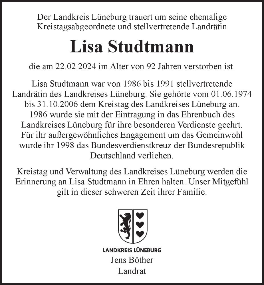  Traueranzeige für Lisa Studtmann vom 29.02.2024 aus LZ