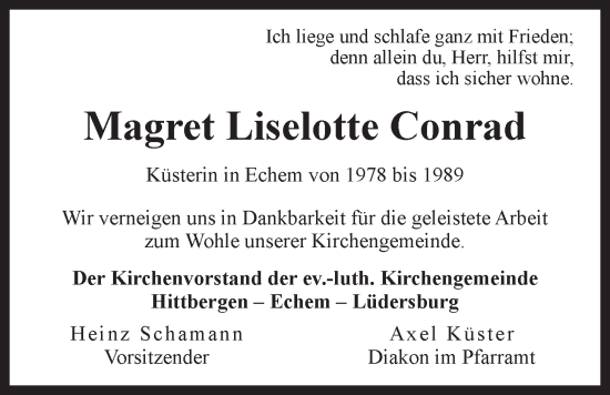 Anzeige von Magret Liselotte Conrad von LZ